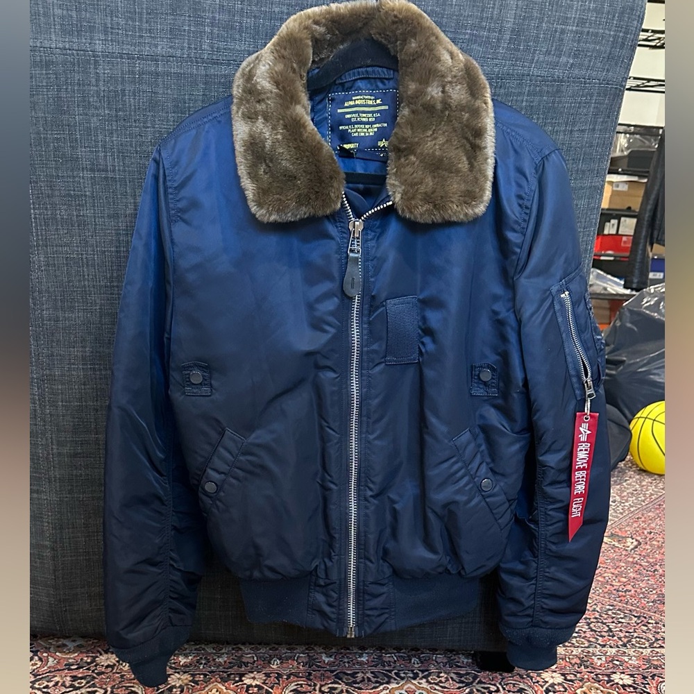 Alpha Industries Men’s Bomber Jacket Removable Faux Fur Collar Blue Brown Medium